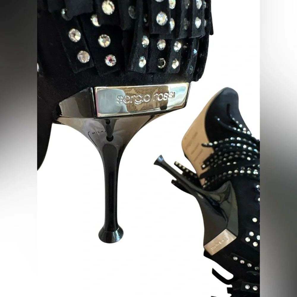 Sergio Rossi Black Ankle Boots with Silver Fringe - Picture 11 of 16